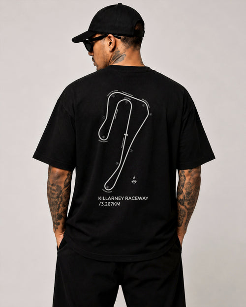Circuit 001 Detailed tee in black, worn from the back: the Killarney Raceway map with every corner numbered and named, printed in white
