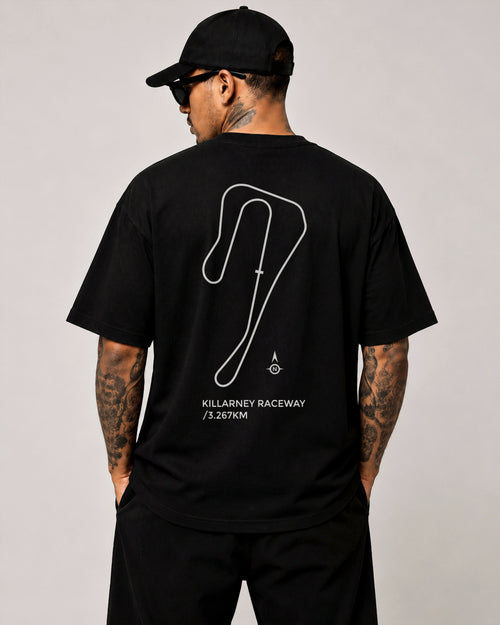 Circuit 001 Track Only tee in black, worn from the back: the Killarney Raceway circuit as one clean line, printed in white