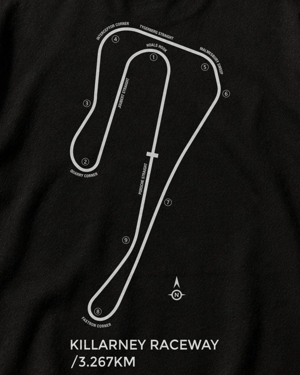 Close-up of the Circuit 001 Detailed back print on a black tee: the Killarney Raceway map with every corner numbered and named