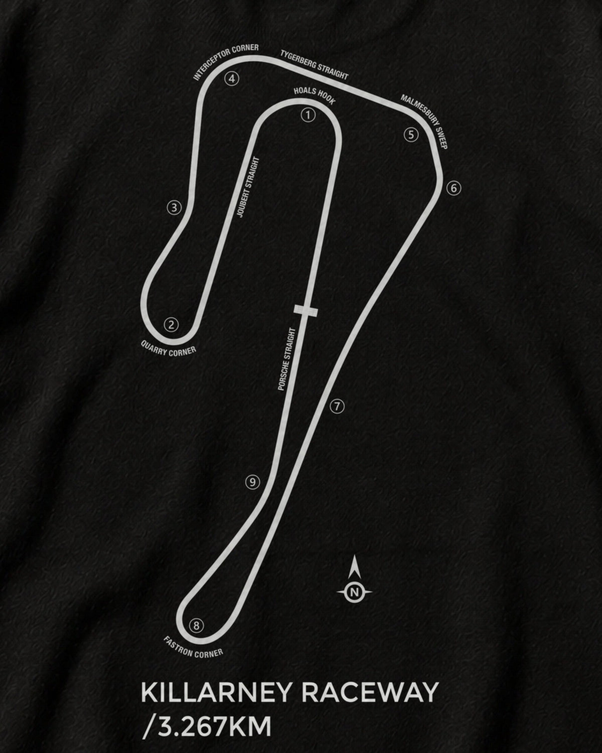 Close-up of the Circuit 001 Detailed back print on a black tee: the Killarney Raceway map with every corner numbered and named