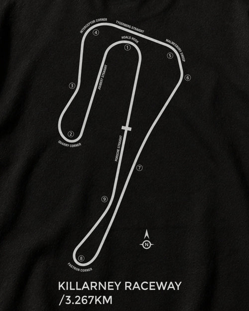 Close-up of the Circuit 001 Detailed back print on a black tee: the Killarney Raceway map with every corner numbered and named