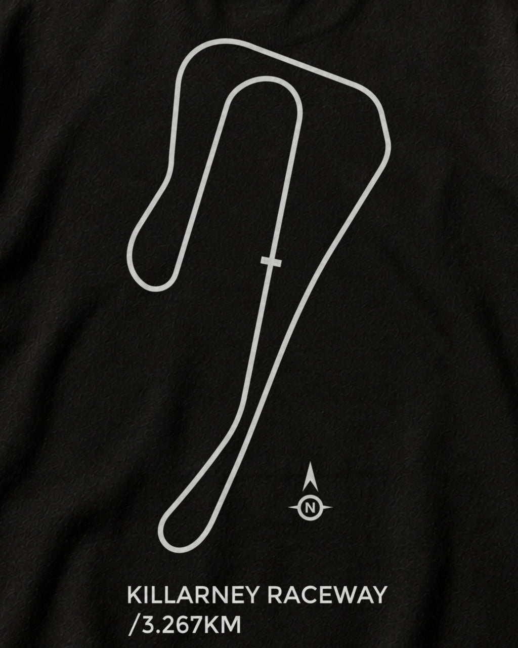 Close-up of the Circuit 001 Track Only back print on a black tee: the Killarney Raceway circuit as one clean line