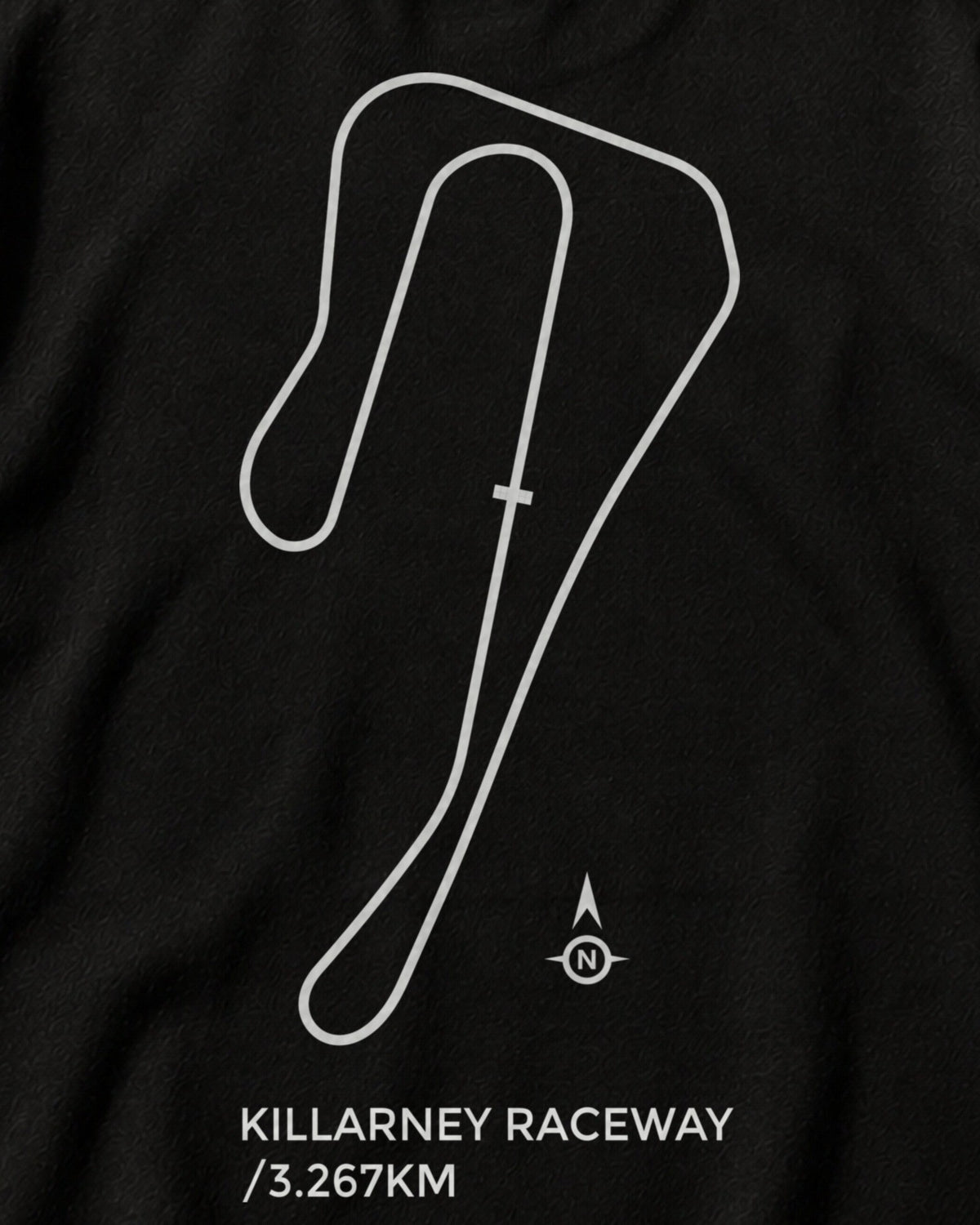 Close-up of the Circuit 001 Track Only back print on a black tee: the Killarney Raceway circuit as one clean line