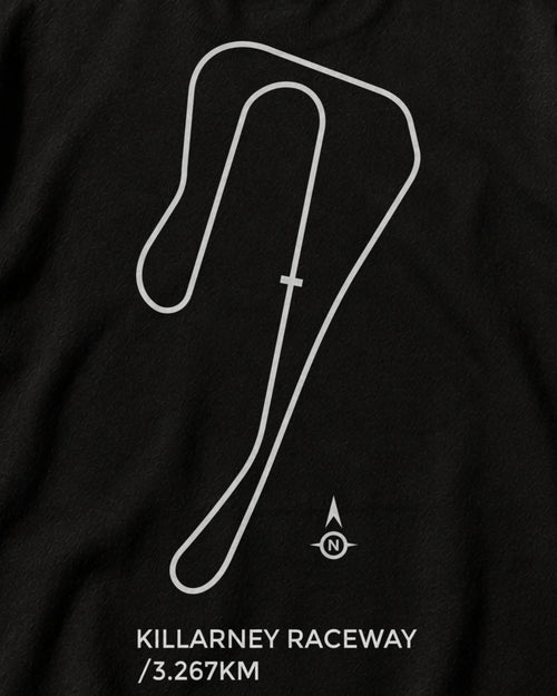 Close-up of the Circuit 001 Track Only back print on a black tee: the Killarney Raceway circuit as one clean line