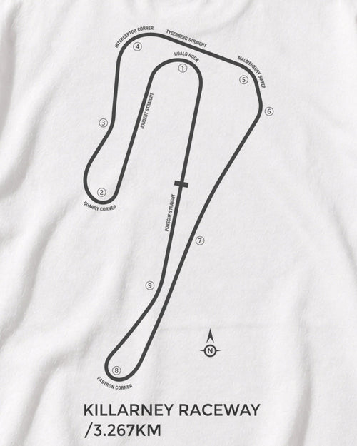 Close-up of the Circuit 001 Detailed back print on a white tee: the Killarney Raceway map with every corner numbered and named