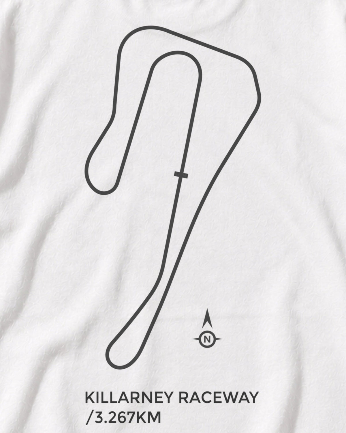 Close-up of the Circuit 001 Track Only back print on a white tee: the Killarney Raceway circuit as one clean line
