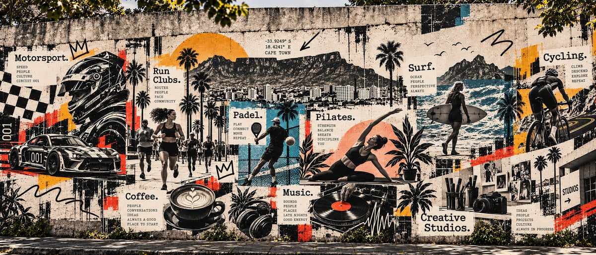 Street mural of Cape Town scenes: motorsport, run clubs, padel, coffee, Pilates, music, surf, cycling and creative studios under Table Mountain